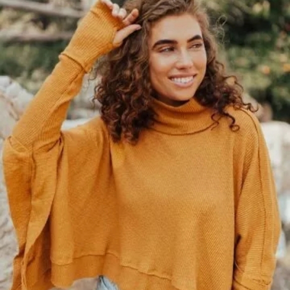 Free People Sweaters - We The Free People Sunbaby Mock Neck Drop Shoulder Ribbed Top Sweater XS Orange